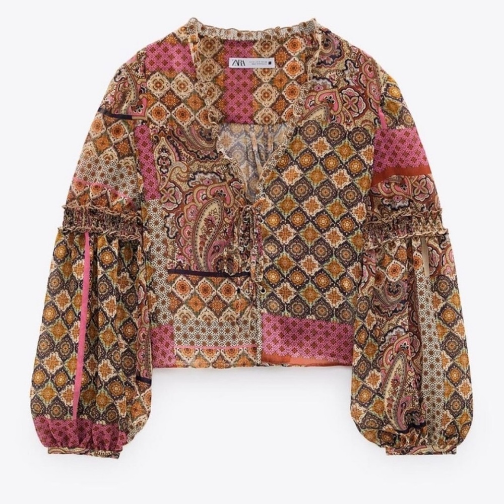 Zara Patchwork Print Lightweight Lace Up Peasant Blouse